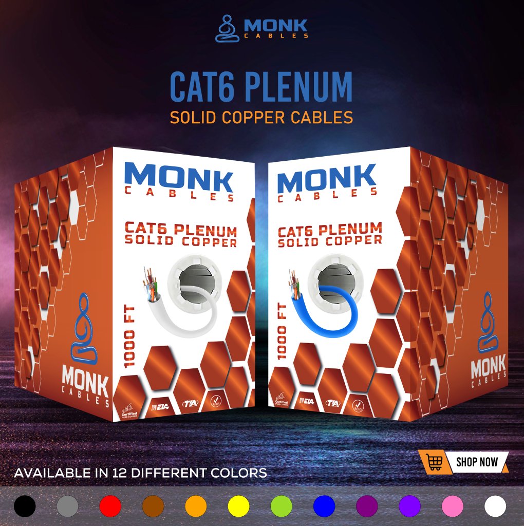 MonkCables's tweet image. Cat6 Plenum Solid Copper Cable | Monk Cables | 1000ft Bulk Cable Box available in 12 different colors. 
 
#cat6 #Cat6Plenum #SolidCopperCables #NetworkingSolutions #MonkCables #HighQuality #BulkCableBox #TechEssentials #DataTransmission #Trend #Viral #DIY #networking