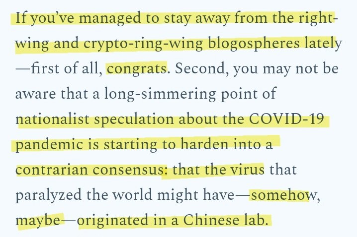 JH16124219's tweet image. You link 'lab leak' to right-wing politics, nationalism and racism in the first paragraph.
You say it's dumb and irresponsible for laypeople to even talk about it 🤦‍♂️
#SameCity
