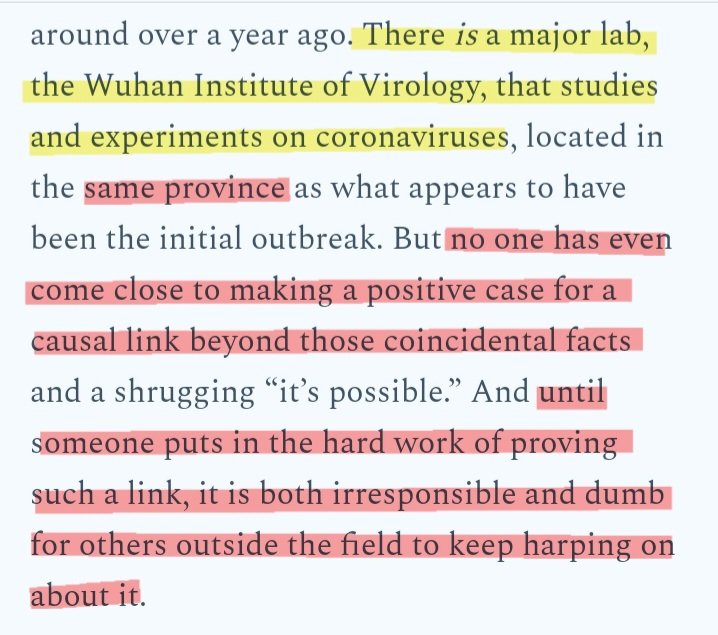 JH16124219's tweet image. You link 'lab leak' to right-wing politics, nationalism and racism in the first paragraph.
You say it's dumb and irresponsible for laypeople to even talk about it 🤦‍♂️
#SameCity