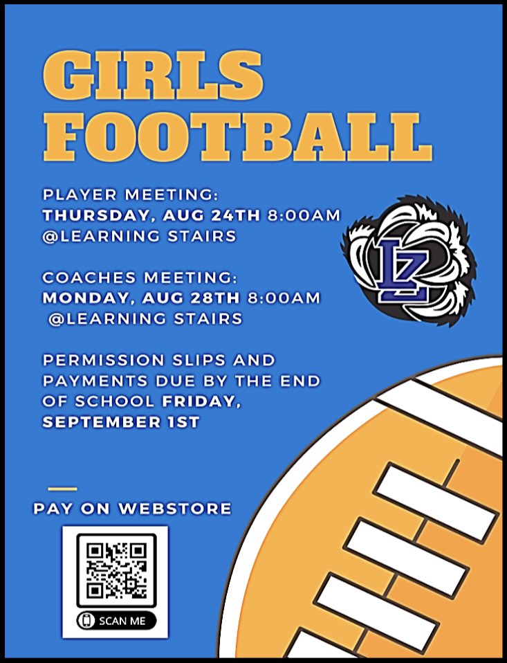 Hey Senior and Junior girls! If you’re interested in girls football make sure to attend the mandatory meeting this Thursday at 8:00am at the Learning Stairs! #GirlsFootball #Homecoming #GoBears 💙🐻🏈 @LZHSBEARS @johnwalshD95