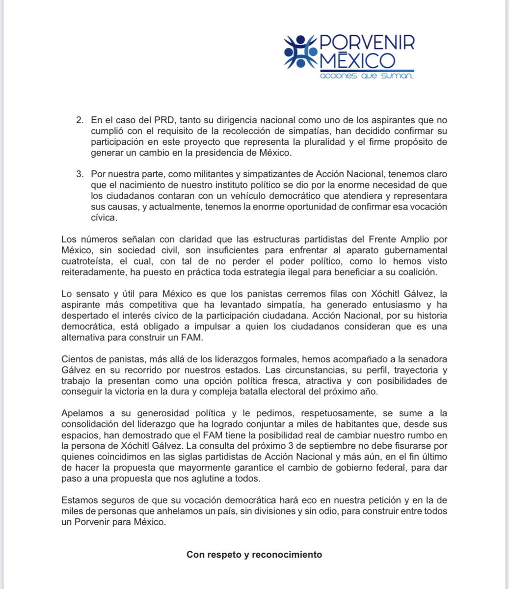 LauraBruges's tweet photo. 🔵 Por si tenían dudas de la posible declinación de Creel: 

Militantes y simpatizantes del PAN agrupados en la organización ‘Porvenir México’ con una carta le piden a @SantiagoCreelM que decline por @XochitlGalvez 

En este comunicado apelan a su generosidad política, porque consideran “sensato y útil para México que los panistas cierren filas con Xóchitl Gálvez”, porque la consideran la aspirante más competitiva que ha levantado simpatía, entusiasmo y ha despertado el interés cívico de la participación ciudadana dentro del  #FrenteAmplioPorMéxico