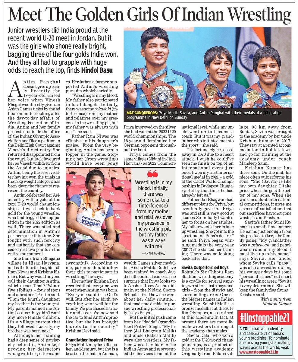 TOIBetterIndia's tweet photo. Celebrating the rising queens of wrestling, bringing Gold and Glory to India. 

Click here to read the article: https://t.co/GdUWpkgk3x 

Log on to https://t.co/v9AP22dEsL to nominate yourself or an amazing youngster under 21 from India making waves across the world. https://t.co/NIjQrUbH22