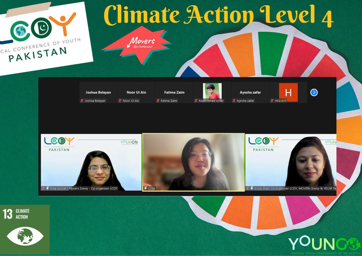 LCOYPakistan's tweet photo. Movers programme and YECAP conducted virtual sessions on "Climate Action Level 4 &amp; 5" for #LCOYPakistan delegates, equipping them with essential capacity-building tools for addressing #climatechange challenges. The session empower young leaders to drive impactful climate action. https://t.co/osvwWLyyg7