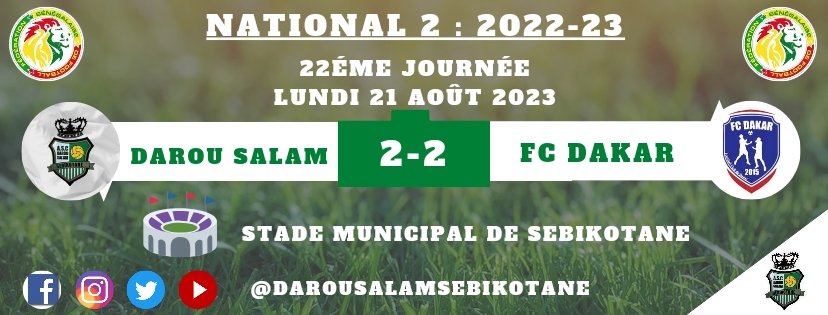DarouSalamSebi's tweet photo. 🥅  𝘿𝘼𝙍𝙊𝙐 𝙎𝘼𝙇𝘼𝙈 𝘿𝙀 𝙎𝙀𝘽𝙄 2-2 𝙁𝘾 𝘿𝘼𝙆𝘼𝙍

Match nul 

#NATIONAL2 #FOOTLOCAL221 #SEBIKOTANE https://t.co/EGCaSLZMIf