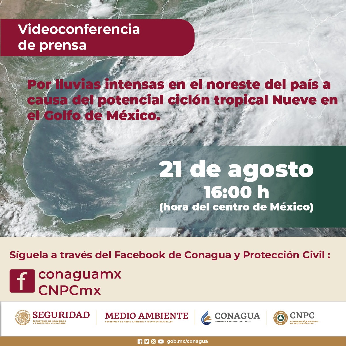 #Conagua y el #SMNmx te invitan a la videoconferencia de prensa para informar sobre el desarrollo del #PotencialCiclónTropical Nueve en el #GolfoDeMéxico.

¡Te esperamos hoy, a las 16:00 h, en nuestra página oficial de #Facebook!