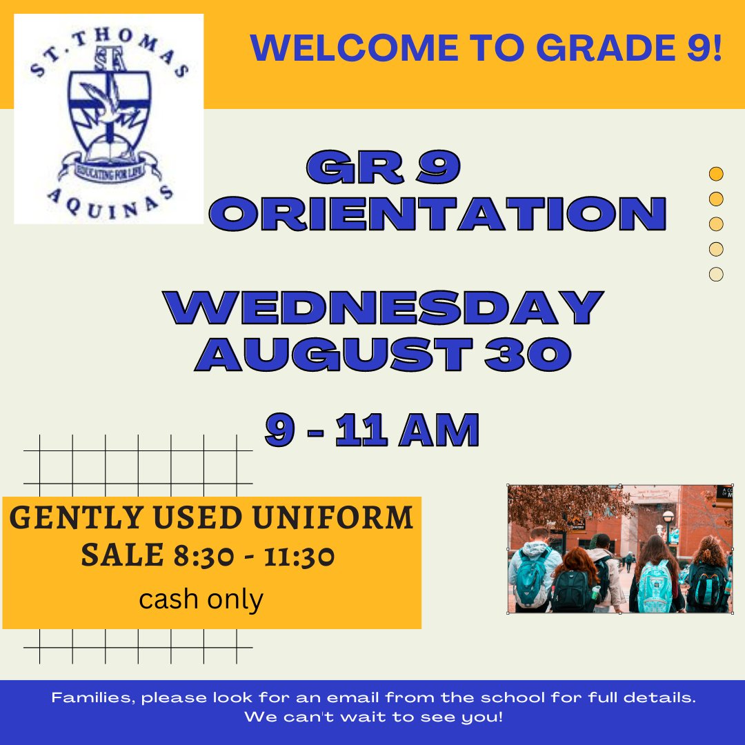 STAs newest Gr 9 Titans are invited to join us for a Grade 9 Orientation Morning led by senior Link Crew Leaders on Wednesday, August 30th. Families have been emailed details. We are holding our Used Uniform Sale the same morning. #STA #WeAreFamily #PVNCInspires #Grade9 <a href="/PVNCCDSB/">PVNCCDSB</a>
