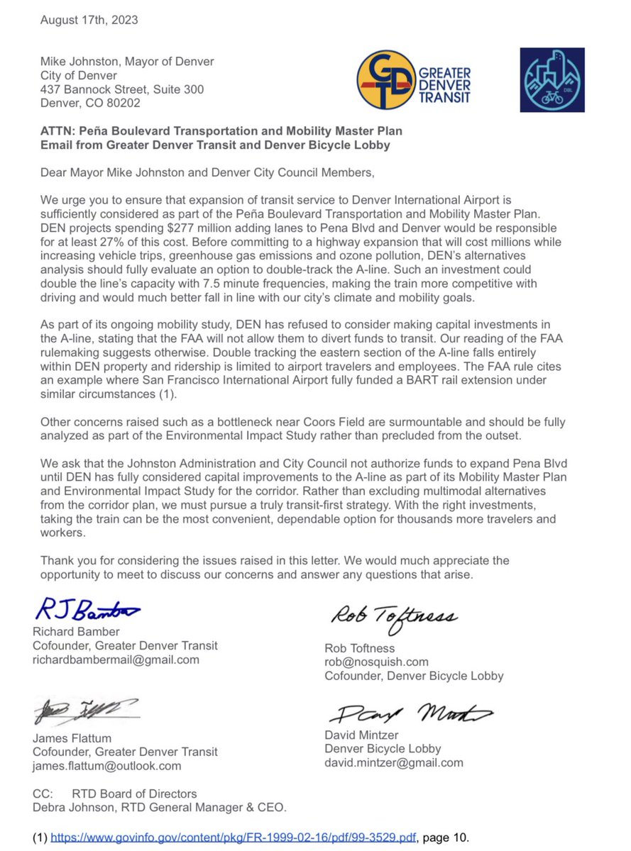 iBikeCommute's tweet photo. Last week @DenBicycleLobby and @GreatDenTransit sent a letter to @MikeJohnstonCO and City Council asking them to fully study improvements to the A-line before funding the expansion of Pena Blvd.
https://t.co/a1ahR9H6qz https://t.co/WT9OdQ3q6H