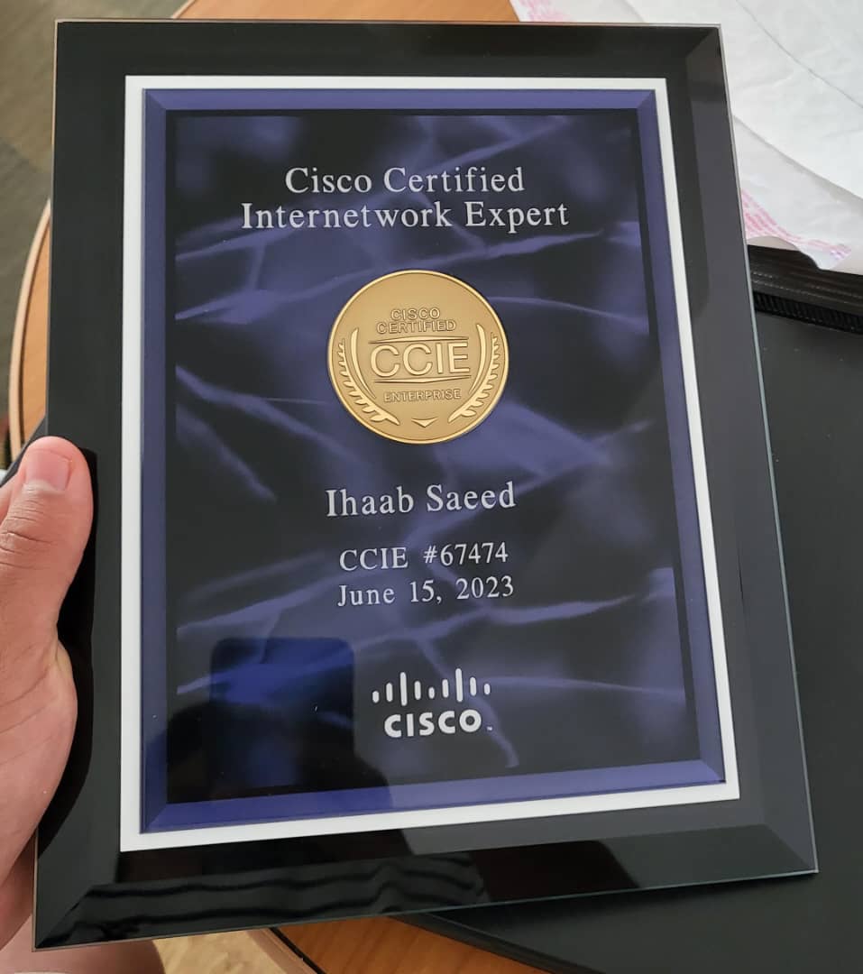 IhaabSaeeed's tweet image. Excited to share that I&apos;ve just received my CCIE plaque! 🏆🌟 Achieving this milestone has been an incredible journey. Thank you @learningatcisco ,@OrhanErgunCCDE ,@Muauad3 @Cisco  for the comprehensive resources that guided me to success #CCIE #LearningAtCisco