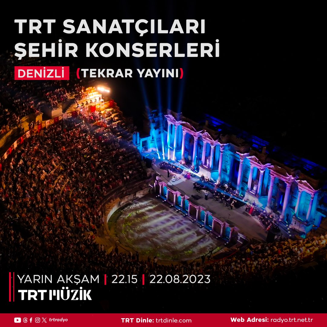 Denizli Hierapolis Antik Tiyatrosu'nda gerçekleşen TRT Sanatçıları Şehir Konserimizin tekrar yayını, yarın akşam saat 22.15'te TRT Müzik kanalında... #TRTRadyolarıHerYerde #TRTSanatçılarıŞehirKonserleri #Denizli