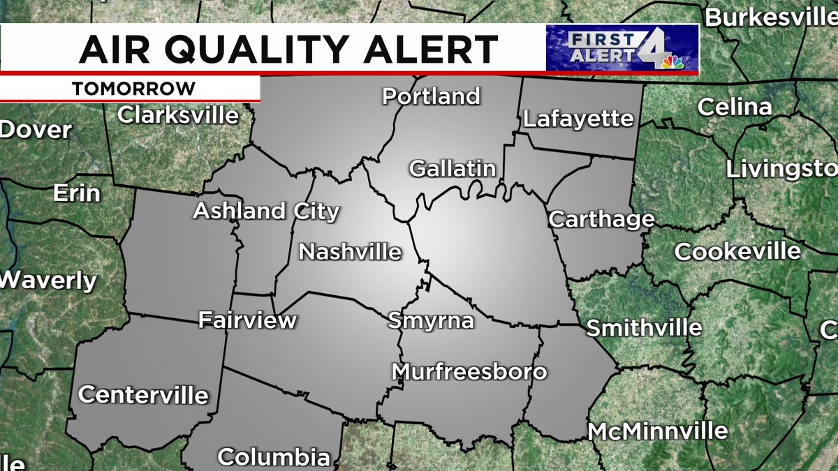DanThomasWSMV's tweet photo. AIR QUALITY ALERT is in effect for the greater #Nashville area on Tuesday.
** Code Orange -- unhealthy for sensitive groups **
#FirstAlert @WSMV #tnwx #kywx
#TDEC https://t.co/CIokUeXm42