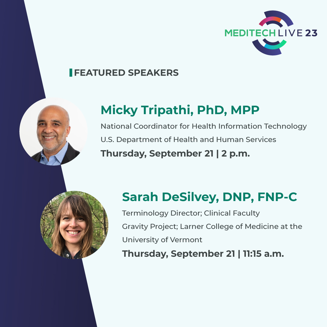 Many respected leaders in healthcare technology will join next month as #MEDITECHLIVE featured speakers including Micky Tripathi, <a href="/mickytripathi1/">micky tripathi</a> PhD,National Coordinator for HIT &amp; Sarah DeSilvey, DNP, FNP-C, Terminology Dir <a href="/thegravityproj/">Gravity Project</a>
 . 
Join us! 📣 hubs.ly/Q01_HwpR0