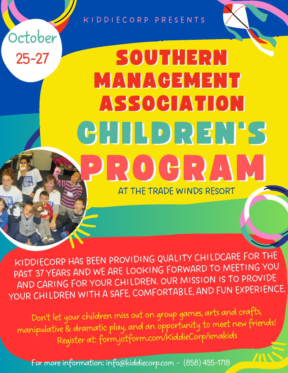 Registration for on-site childcare at #SMA2023SPB is open for ten more days. Make your reservations by 8/31/23! Complete details on SMA's website at: form.jotform.com/KiddieCorp/sma…