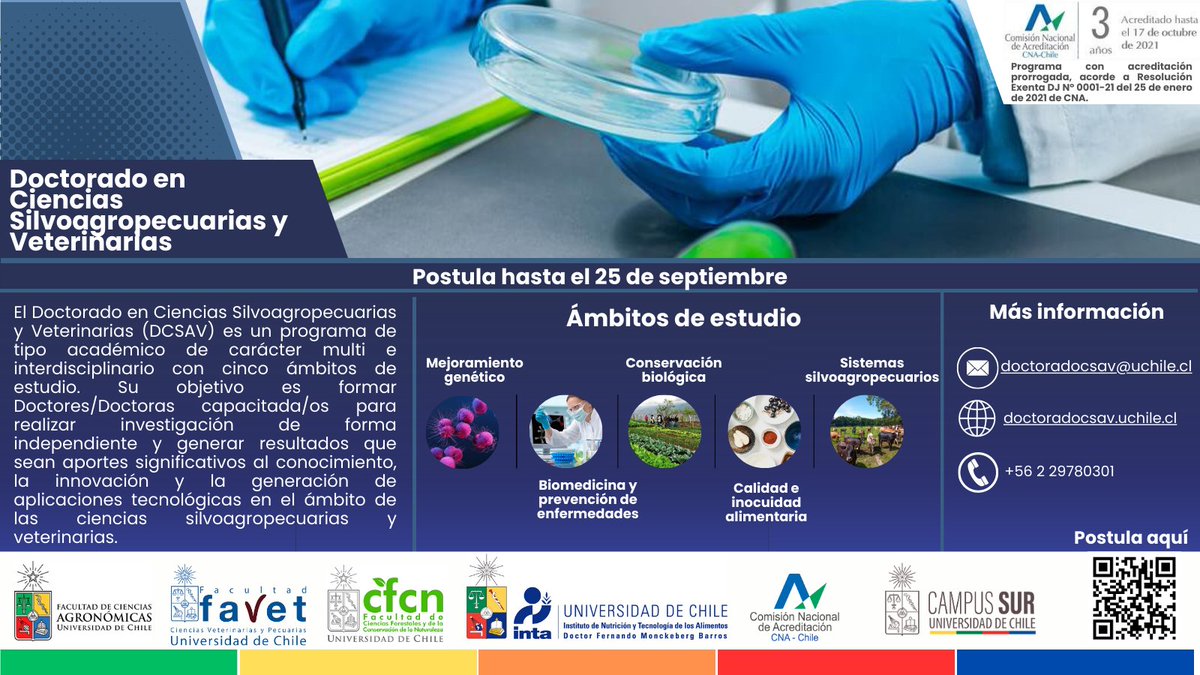 [POSTULA] Hasta el 25 de septiembre, tienes la oportunidad de postularte al Doctorado en Ciencias Silvoagropecuarias y Veterinarias de la Universidad de Chile.
¿Más información o deseas postularte? Puedes obtenerla visitando nuestra página web.
uchile.cl/doctorado/cien…
