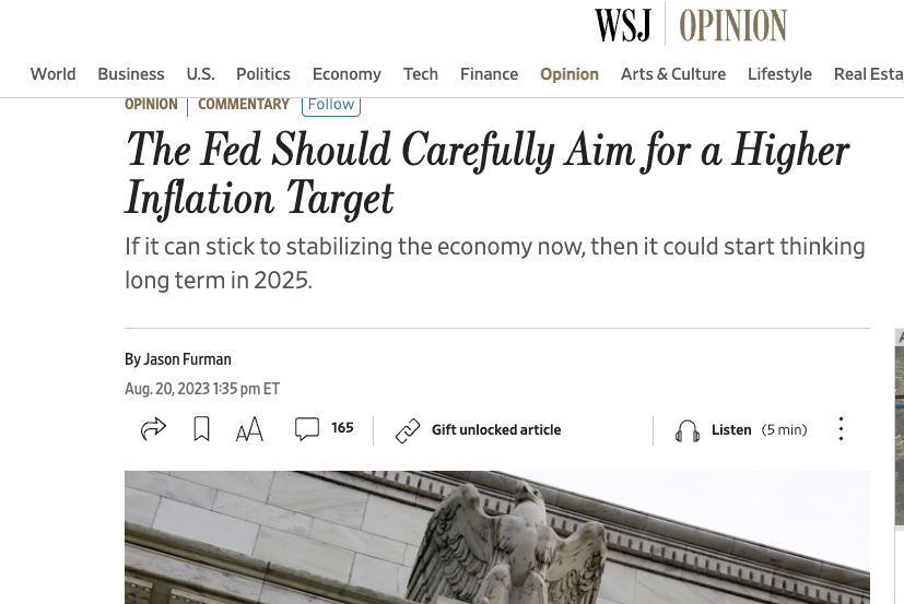 profstonge's tweet photo. Here comes the Harvard professors shilling 3% inflation. 

"A higher target inflation rate has costs, especially the time and attention people spend trying to account for how much their current dollars will be worth in a year or 10. But a higher target also has the benefit of helping cushion the economy against severe recessions."

It takes a tenured professor to think the main problem with inflation is trying to calculate how much your money's worth in 10 years 🤪