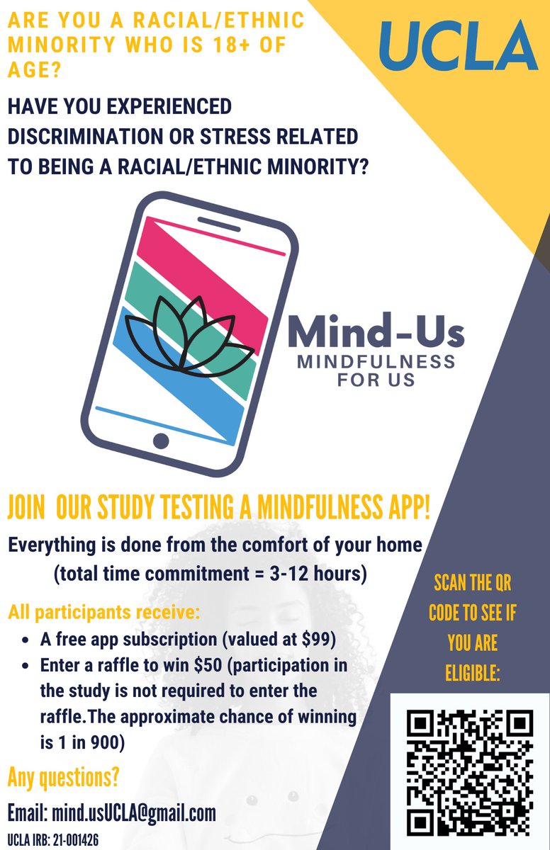 Mind-Us is back! We have 25 free mindfulness app subscriptions for BIPOC who have experienced discrimination. If you qualify, we answer your questions and send you the app right away!

Please share and help me reach people who can benefit 🙏🏾

uclapsych.qualtrics.com/jfe/form/SV_bw…