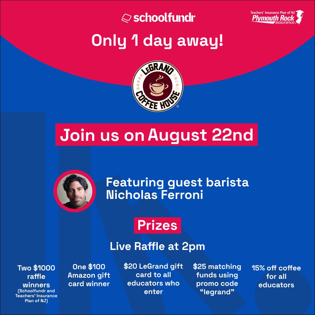 Join us, @EricLeGrand52 and @NicholasFerroni at LeGrand Coffee House tomorrow to learn about Schoolfundr — teachers enjoy discounted coffee and have the opportunity to win prizes to support their classrooms. 📅Aug 22nd, 7 AM to 4 PM. 📍10 Green St. Unit #5 Woodbridge, NJ, 07001.