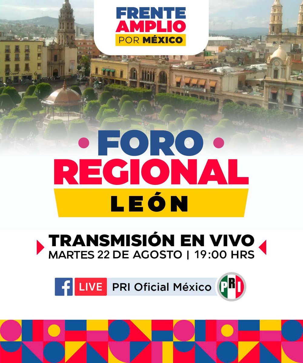 El día de mañana, a las 7 p. m., no te pierdas el tercer foro regional del Frente Amplio por México, que se llevará a cabo en León, Guanajuato, y en el que se abordará el tema "La reconstrucción institucional".

Sigue la transmisión en vivo en nuestra página de Facebook: PRI