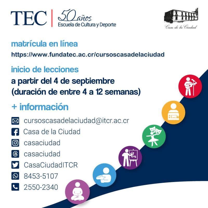 𝑵𝒖𝒆𝒗𝒂 𝒎𝒂𝒕𝒓í𝒄𝒖𝒍𝒂 𝒅𝒆 𝒄𝒖𝒓𝒔𝒐𝒔🎨💃
Inicio de lecciones a partir del 4 de septiembre
Oferta aquí: tiny.cc/d52avz
Matrícula abierta: fundatec.ac.cr/cursoscasadela…
Más información:
25502340 y 84535107 de lunes a viernes de 2 a 7 pm y sábados de 9am a 4pm 
<a href="/Teccr/">TEC Costa Rica</a>