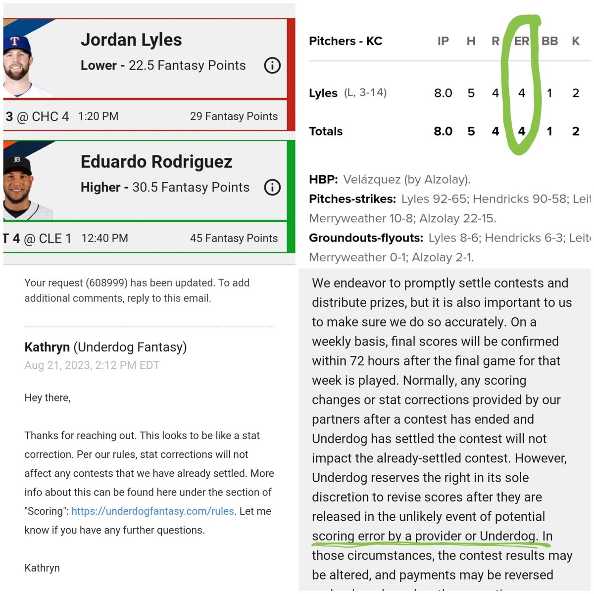 Mattplayerprops's tweet photo. 🚨Underdog is unethical

Like+RT for awareness

Anyone associated/partnered with UD should consider things.  They're trying to scam us here

Lyles 8IP, 4ER, 2K=18 fantasy. NOT 29

He was adjusted to 4ER on MLB site just after game. UD fails to obey to correct stats. 

#Underdog #Underdogfantasy #DFS #GamblingTwitter #PlayerProps #MLB #GamblingX #Bestball #FantasyFootball #sportsbetting