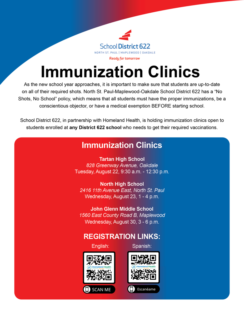 isd622's tweet photo. District 622 is hosting FREE vaccination clinics for all students enrolled. Register using the QR code or the following links:
English: https://t.co/zTk5VrEkGh
Spanish: https://t.co/6rMqKJfwu7
Check out the flyer below for more information. https://t.co/ov6bMPR5Bx