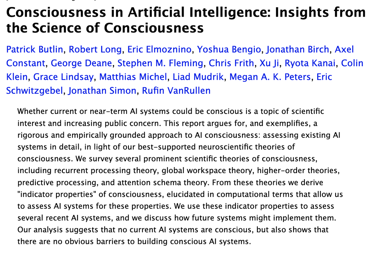 rgblong's tweet photo. 1/ Could AI systems be conscious any time soon?

@patrickbutlin and I worked with leading voices in neuroscience, AI, and philosophy to bring scientific rigor to this topic.

Our new report aims to provide a comprehensive resource and program for future research 🧵 https://t.co/NYCM9N6RQf