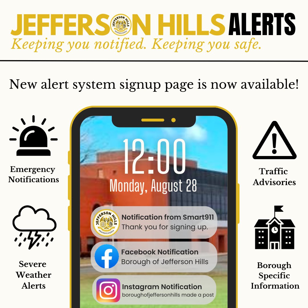 Introducing Jefferson Hills Alerts, the new official alert notification system for the Borough of Jefferson Hills. 

Learn more and signup: jeffersonhillsboro.org/JeffersonHills…