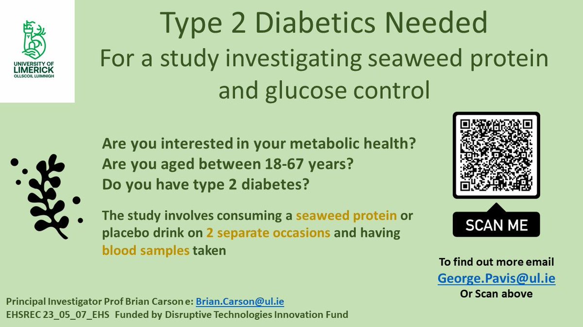 Interested in how plant foods can influence your metabolism? We are looking for Type 2 Diabetics to take part in our study <a href="/PessLimerick/">PESS @ UL</a> on the health benefits of seaweed #protein. Details in image below or DM me privately #Limerick #Clare #Tipperary #Kerry #Health
