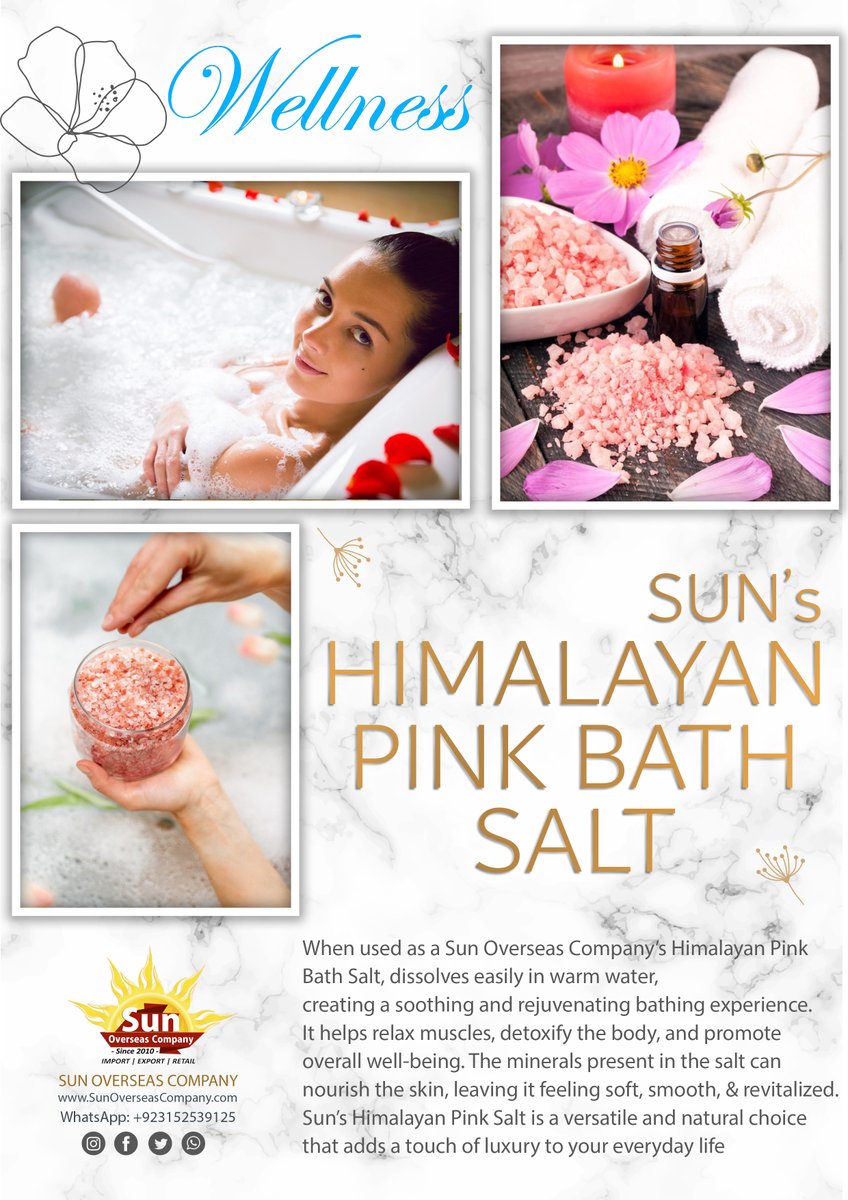 sunoverseascomp's tweet image. HIMALAYAN PINK BATH SALT (Product of Pakistan) Sun&apos;s Himalayan Pink #BathSalt is a type of salt mined from the Khewra Salt Mine region in #Pakistan. Its distinct pink color comes from the presence of 84 trace minerals such as #iron, #magnesium, #potassium &amp;amp;, etc. 
#Pinksalt #spa