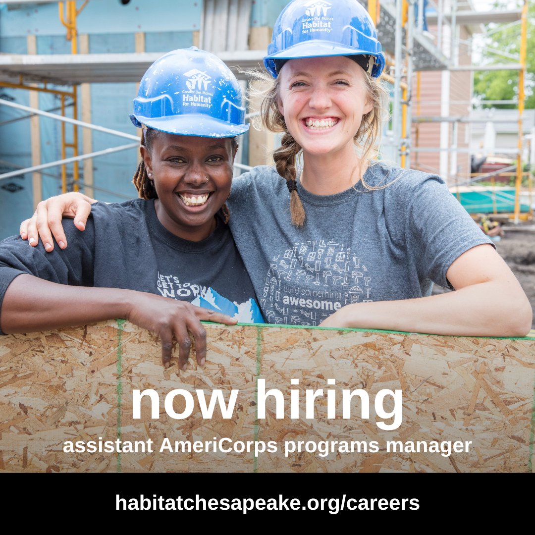 We're #hiring! Check out this job opening: Assistant AmeriCorps Programs Manager!

This position supports the Director of Volunteer and AmeriCorps Engagement with program management and supervision of <a href="/AmeriCorps/">AmeriCorps</a> programs at Habitat Chesapeake 🥳🏡

Visit:
habitatchesapeake.org/careers