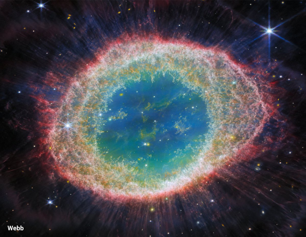 NASAHubble's tweet image. Ring, ring!

@NASAWebb is helping astronomers study the Ring Nebula in unprecedented detail with its infrared observations.

Hubble's view (left) from 2013 shows the nebula, which is the glowing remains of a Sun-like star, in visible light. Learn more ⬇️