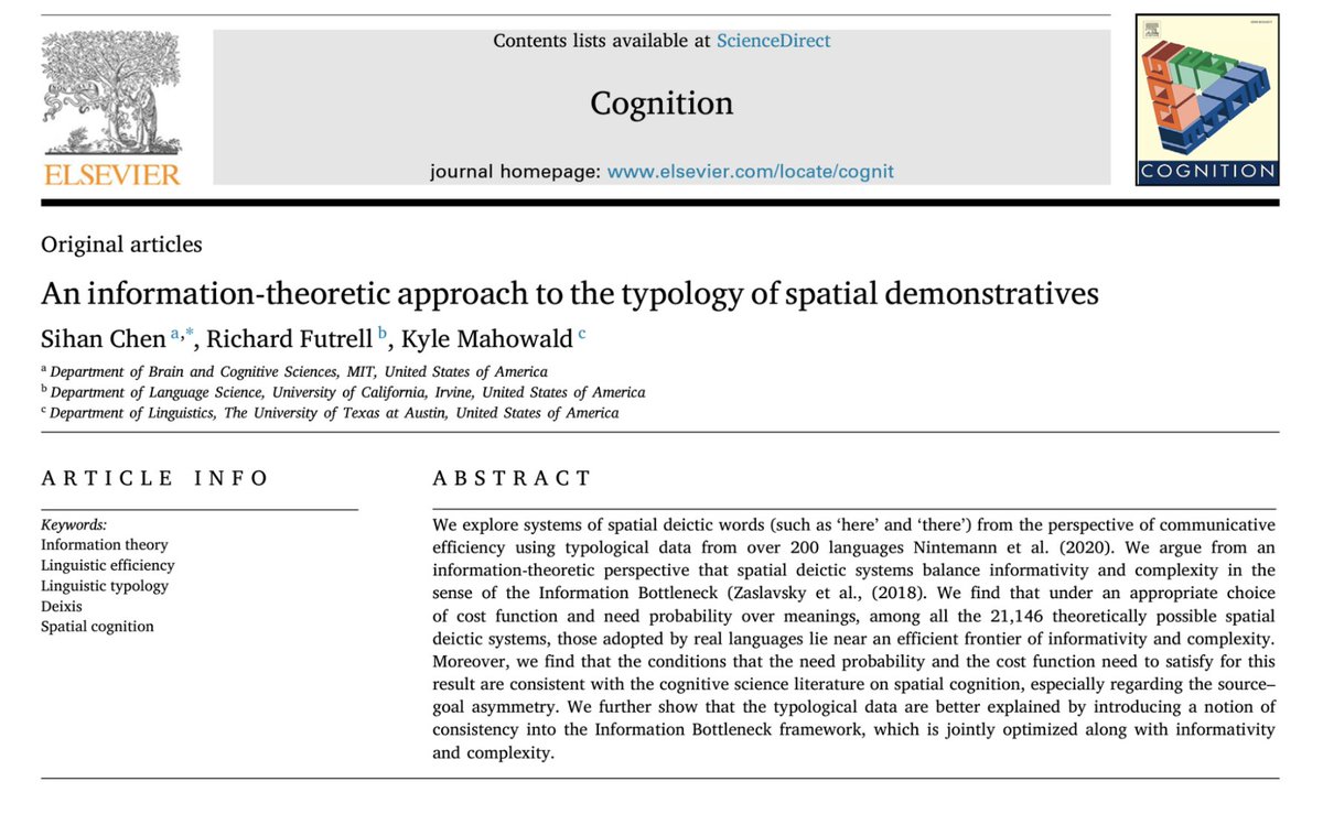 New paper alert 📣. In this paper (published in Cognition @CognitionJourn, link at tinyurl.com/deictics), we (@rljfutrell @kmahowald and I) explain spatial demonstrative systems across languages using the Information Bottleneck, plus some new constraints. thread. 1/16
