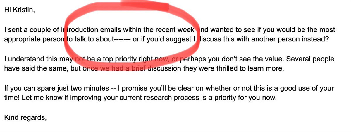 As much entertainment as these cold emails &amp; DM’s provide, it is getting really sad. 

I bring you “How NOT to send a cold email” Vol # (I’ve lost count!). 

May I kindly suggest when seeking “the most appropriate person to talk to about ______” you actually fill in the blank!🤦🏻‍♀️