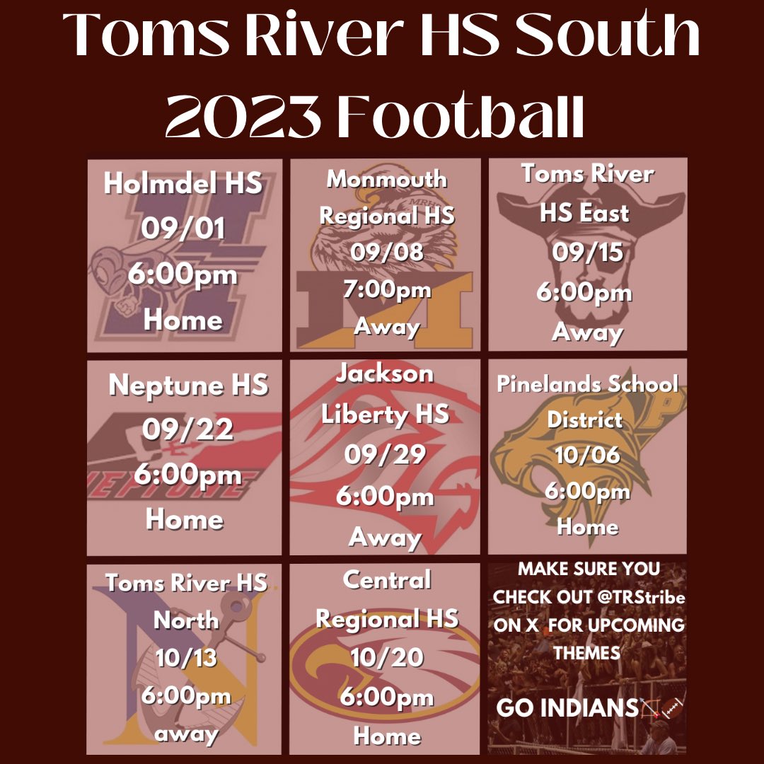 Here is the Toms River High School South 2023 Football Season official schedule. Come out and support your Hitting Indians on their first game against Holmdel High School at 6pm at Detwiler Stadium 🏹🏈! Remember this is only the beginning😈!
