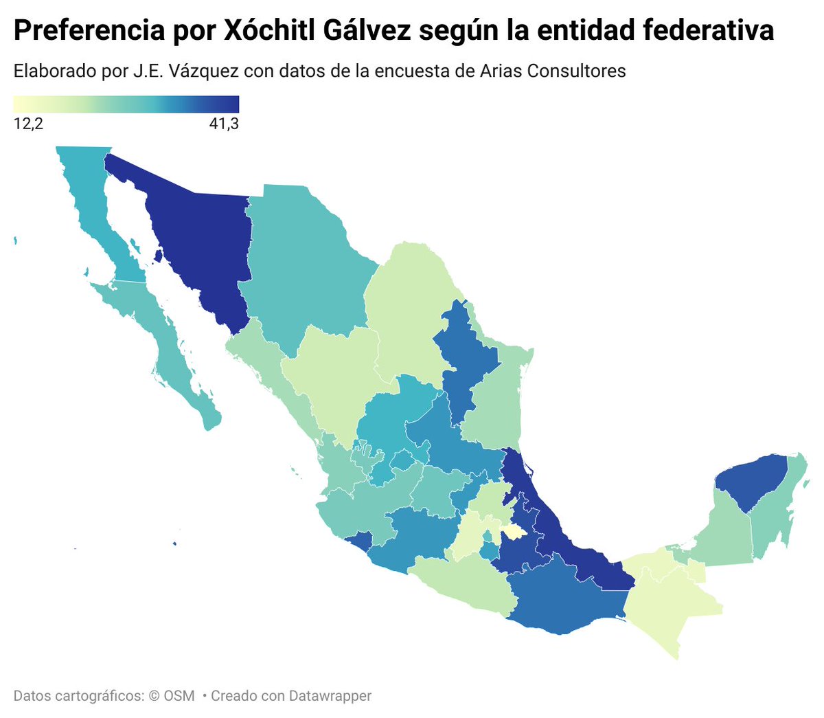 Elaboré este mapa con los datos de <a href="/AriasCons/">Arias Consultores</a> que desglosan la preferencia por aspirante dentro del FAM.

Los estados con mayor preferencia para Xóchitl Gálvez serían #Sonora, #Veracruz y #Puebla.

Tendría menor preferencia en entidades como #Tabasco y #Chiapas.