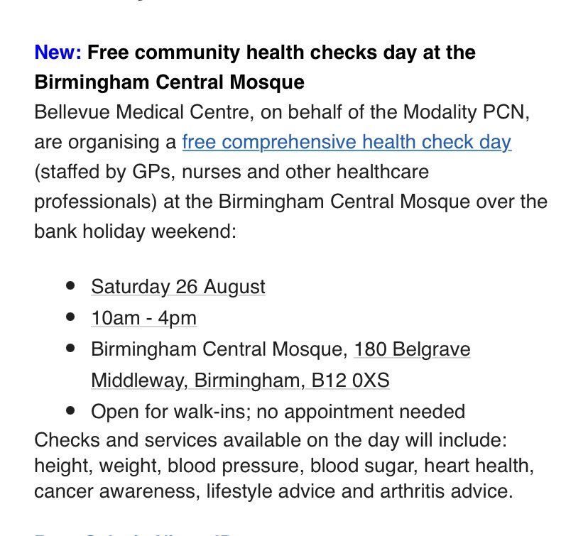 @ModalityBrum Our west locality Modality PCN will be delivering Free community health checks Saturday @ Bham Central Mosque;tackling neighbourhood health inequalities @Core20Plus @BolaOwolabi8 @LeiciaFeare @SalmaYaqoob @DrJV75 @olgalwalters @BSoLCNO @onyiokonkwogp @checkettsr