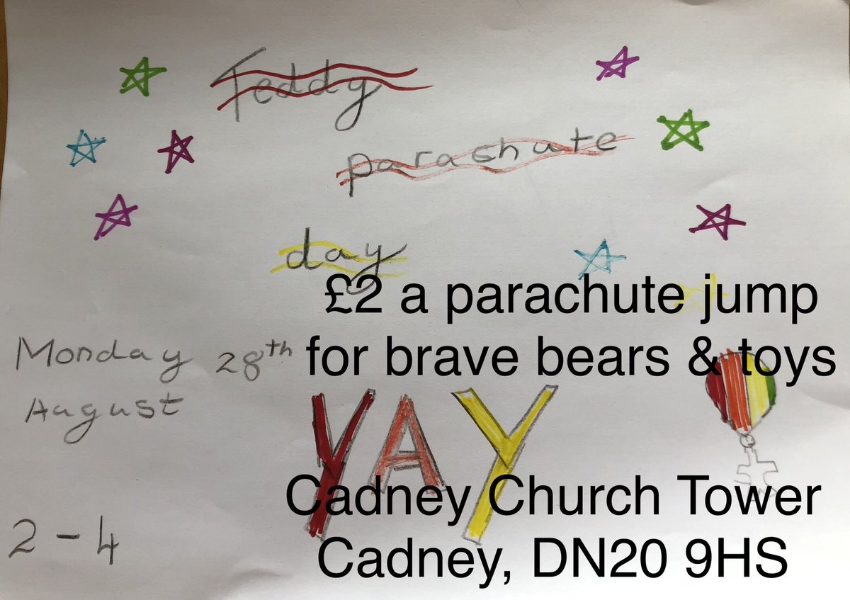 DebbieClark19's tweet photo. We held a family activity afternoon in Cadney today and some children designed us a poster. Lots had a go at making their own teddy’s parachute ready for next week. We had a teddy practice a parachute jump today too. #BraveBears #LincsConnect https://t.co/e8NVGMgYcd