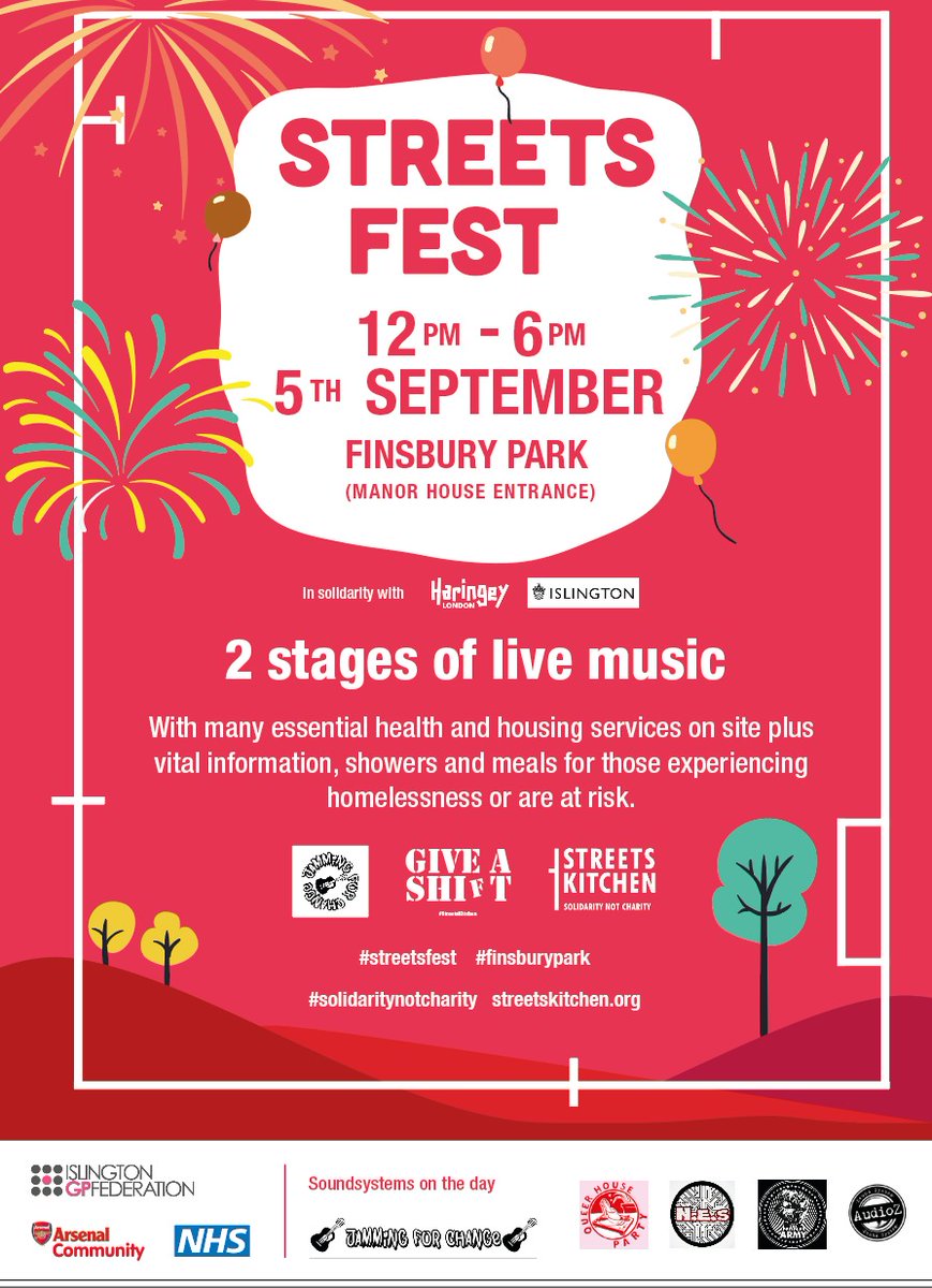 Along with @IslingtonBC, @haringeycouncil & #JammingForChange we are so happy to announce this years #StreetsFest🥳 📅Tuesday 5th September ⏰ 11am-6pm 🗺️ #FinsburyPark If you or your group or 'service' want to take part: ✉️jon@ streetskitchen.org 👀Watch out for updates!