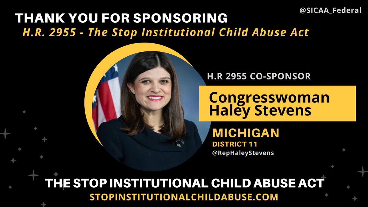 1111MediaImpact's tweet photo. π Thank you Congresswoman Haley Stevens (@RepHaleyStevens) of #Michigan District 11 for co-sponsoring #HR2955!
#SICAA takes the first-step to address abuse and neglect in youth residential programs.
Learn more: https://t.co/CygoCPmDwN
#MI11 #USLeg #StopInstitutionalChildAbuse https://t.co/RKN6HXvPTi