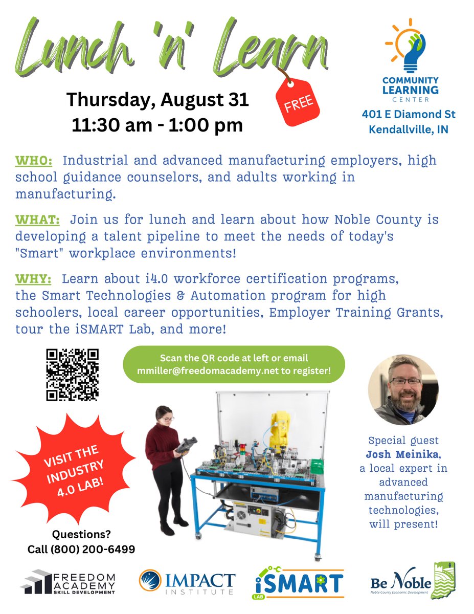 Calling career counselors, advanced manufacturers, and adults looking to skill up!  - FREE lunch 'n' learn this week in Kendallville. <a href="/nobleup/">noble</a> #worknoble #Industry40