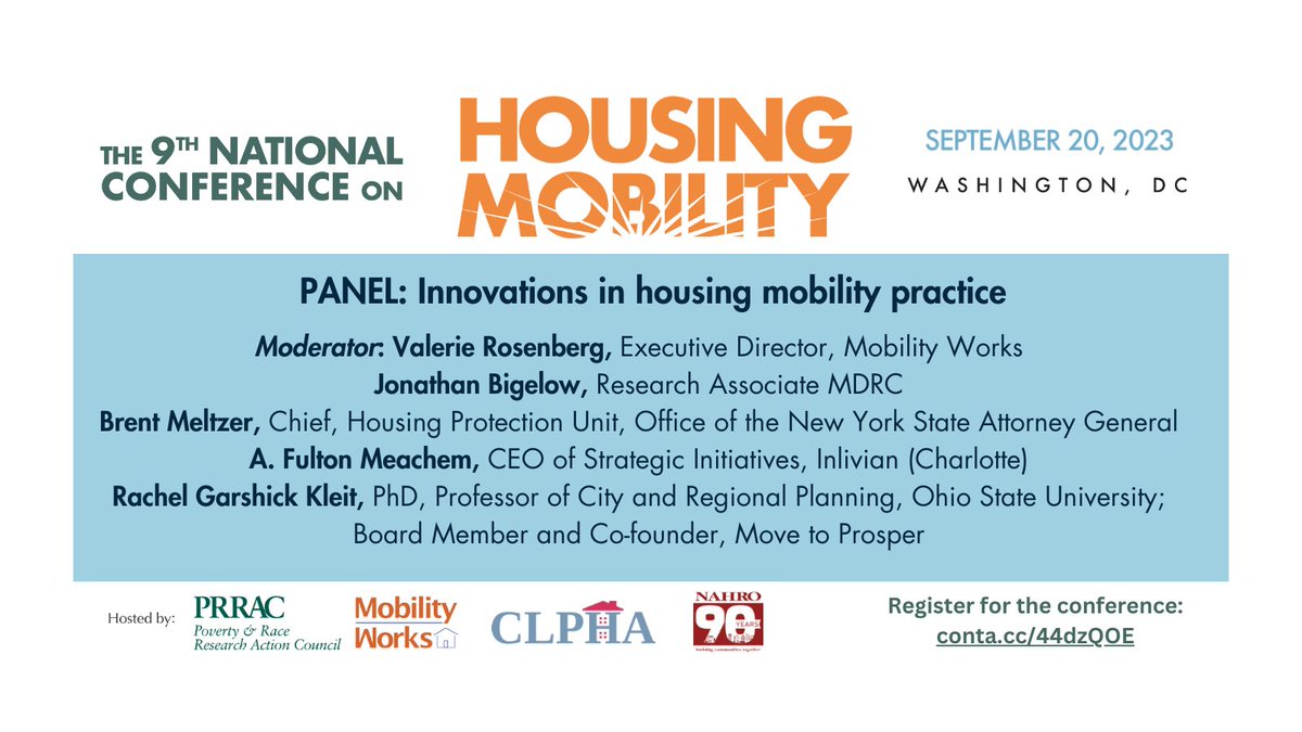 CLPHA's tweet image. Curious about how to do housing mobility differently? Panelists from @inlivian &amp;amp; others will be discussing innovations in the practice, moderated by @Mobility_Works’s Valerie Rosenberg. Join the conversation at the Housing Mobility Conference! 🏘️ conta.cc/44dzQOE