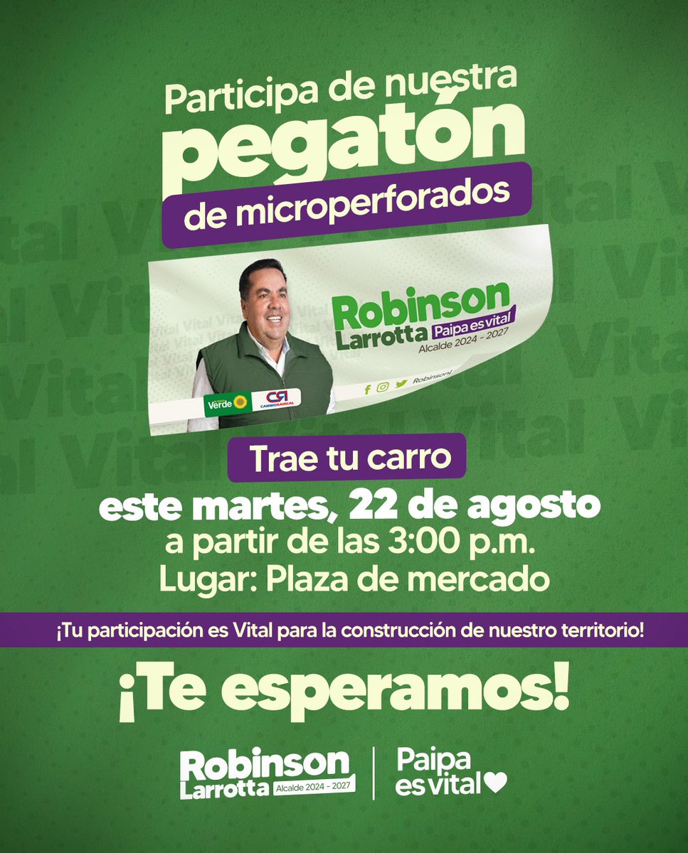 RobinsonLarrota's tweet photo. #Atención
La cita es mañana en nuestra
#Pegatón de #microperforados en la Plaza de Mercado. ⬇️
¡Los esperamos!
#PaipaEsVital 💚 https://t.co/TxjOdWnEmk
