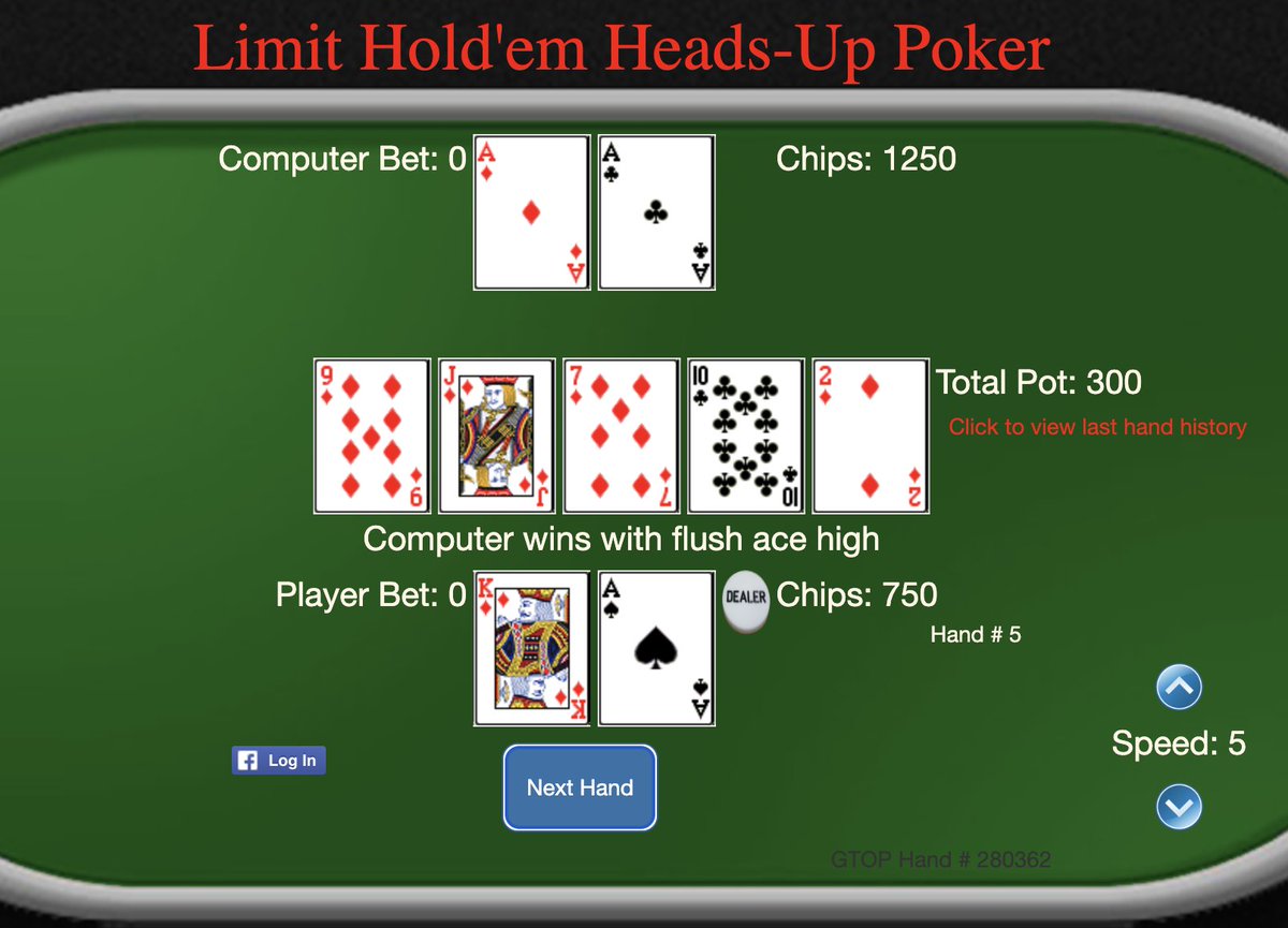 The first app I ever built was Game Theory Optimal Poker where you play against a bot that mimics my own heads-up limit hold'em poker strategy. Close to 300,000 hands have been played - can you beat it? gametheoryoptimalpoker.com
