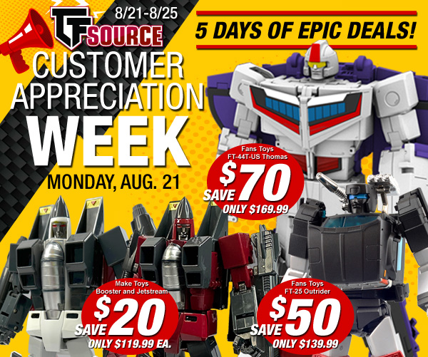TFsource's tweet photo. 🥳It's a Sale-abration! 🥳
Day one of epic deals is here! Save up to $70 OFF tons of FansToys and MakeToys figures. Shop these deals and more today only!
https://t.co/NDXd6aMjVU
Stay tuned for the reveal of the first-ever C.A.W Exclusive figure today. 🤖 #tfsourcecaw https://t.co/uxIc6GrHnM