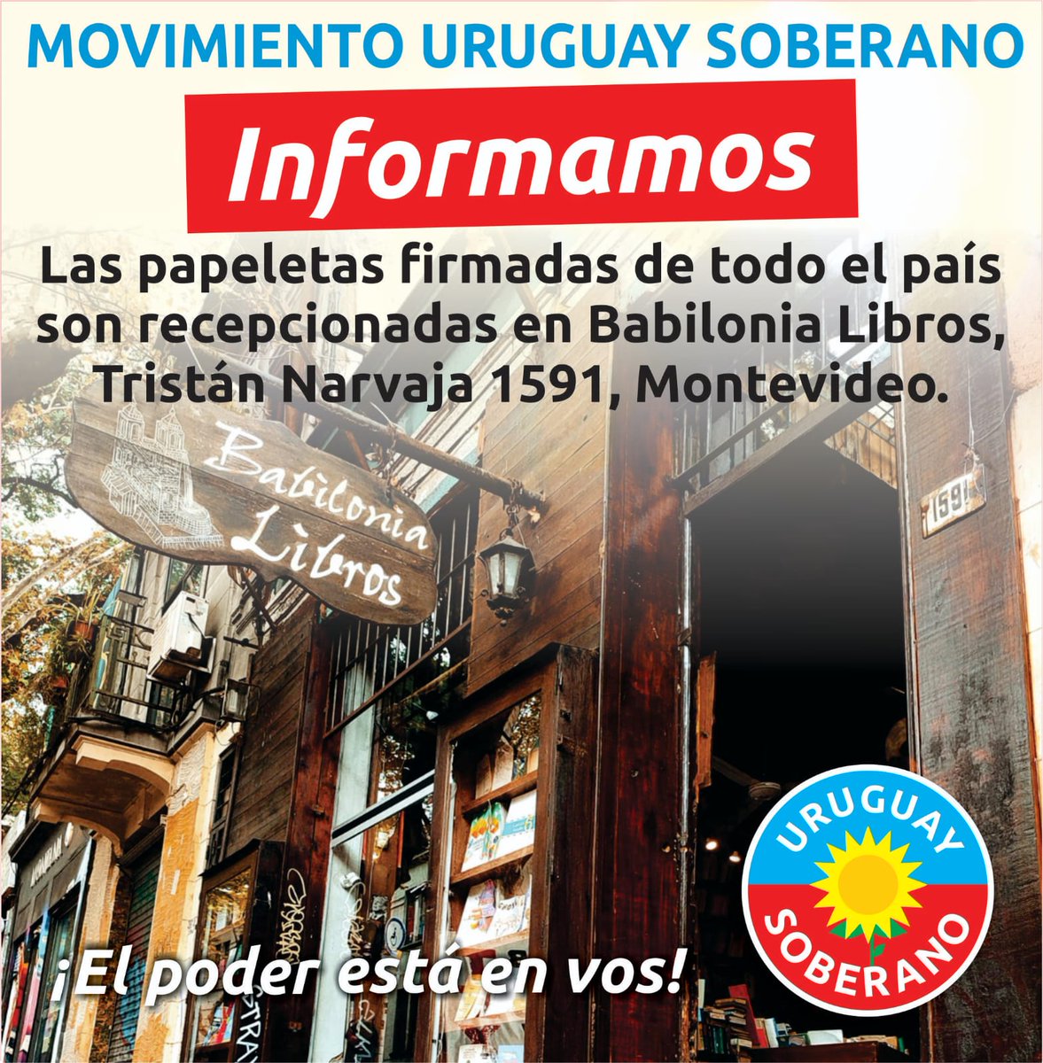 UruguaySoberan0's tweet photo. Las papeletas con firmas por la reforma constitucional Uruguay Soberano, para defender nuestra soberanía y el agua terminando con los contratos secretos, se llevan o envían por correo sólo a Librería Babilonia Tristán Narvaja 1591 y Mercedes, Montevideo. 
https://t.co/yQtxnoaFPX https://t.co/EYdBl5HMSd