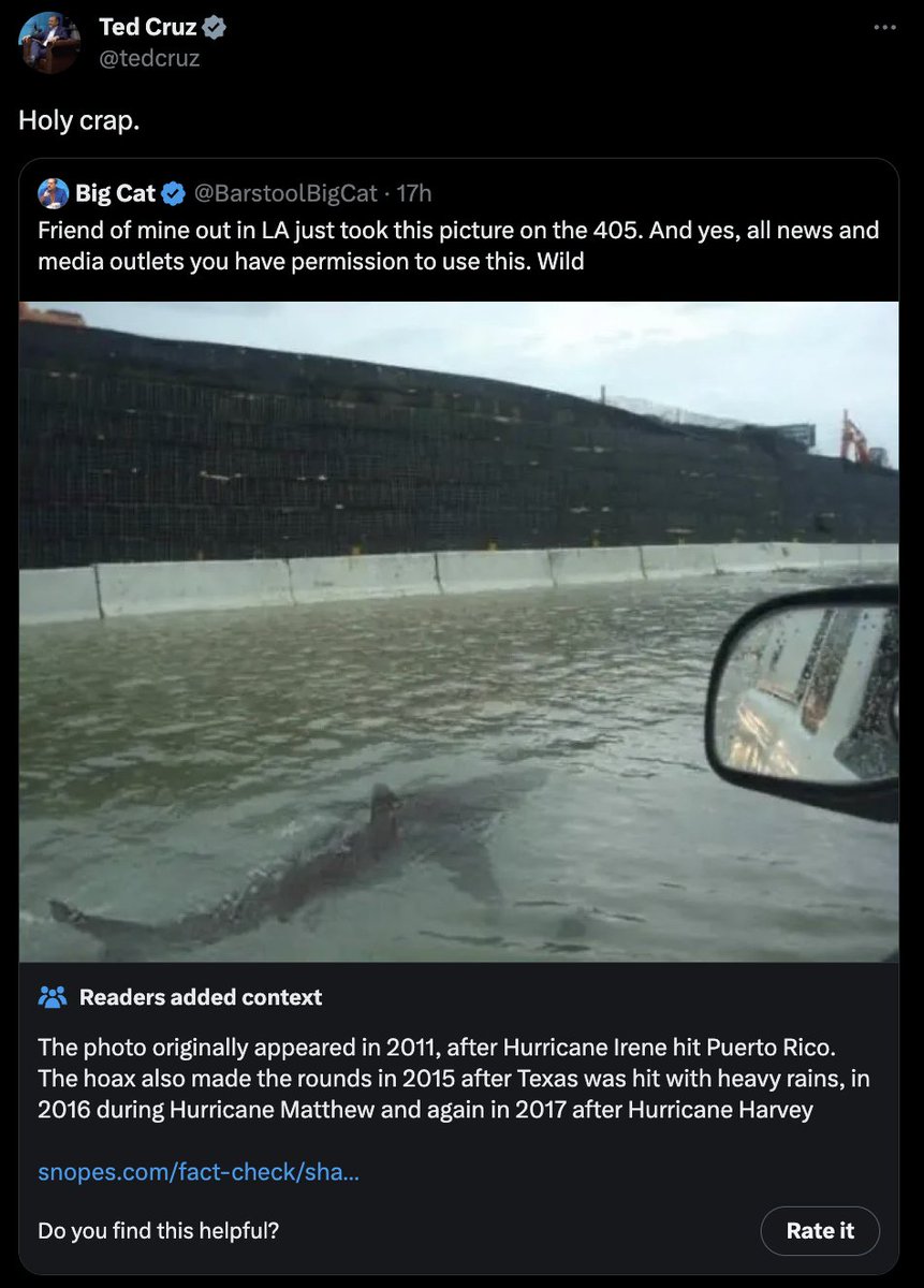 oneunderscore__'s tweet photo. Ted Cruz just fell for Twitter's oldest hoax: the shark on the highway. https://t.co/7xtX9rnDsd