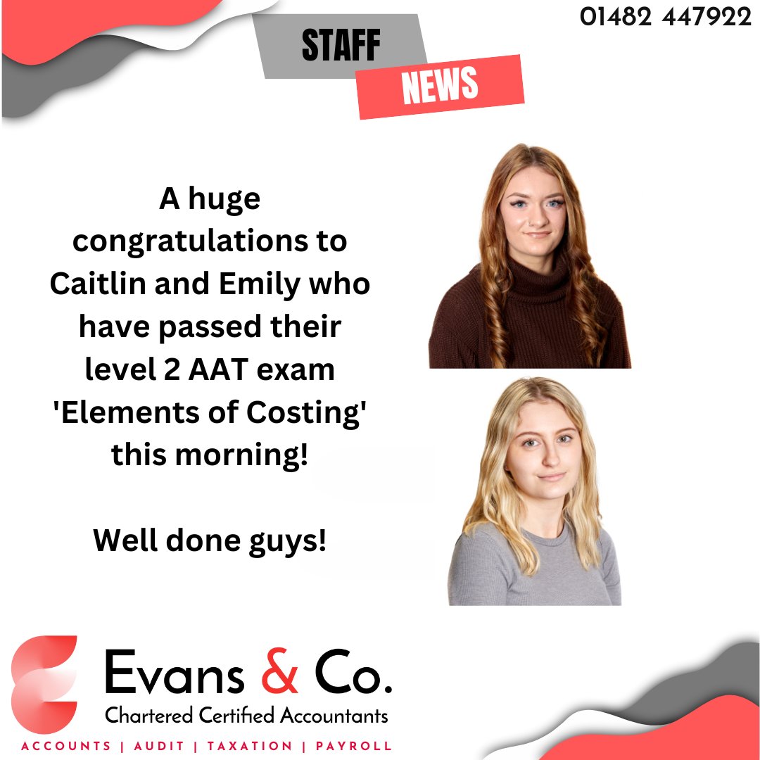 Our fantastic Accounts Assistants Caitlin and Emily have both passed their level 2 AAT 'Elements of Costing' exam this morning! We are really proud of their achievement and know they have worked really hard to progress through their qualifications. Keep up the great work guys!