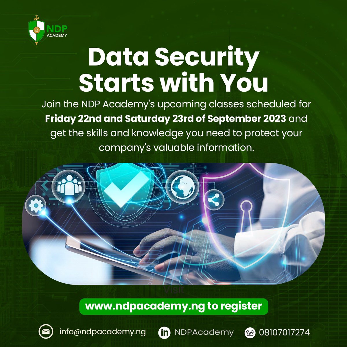 NDPAcademy's tweet image. Join the ND Academy&apos;s upcoming classes scheduled for Friday 22nd and Saturday 23rd of September 2023 and get the skills and knowledge you need to protect your company&apos;s valuable information.

ndpacademy.ng to register

#NDPAcademy #Upcomingclasses #dataprotection