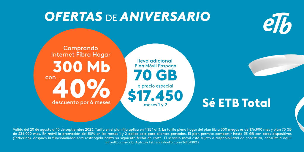 kath_mp's tweet photo. En este Aniversario sé ETB Total llevando Internet Fibra Hogar con 40% de descuento por 6 meses y Plan Móvil Pospago a un precio especial. ​Conoce más aquí: https://t.co/lIj0dU1ctr https://t.co/2FWGhxJjnN