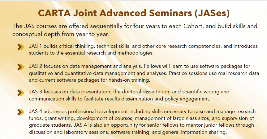 CARTAfrica's tweet photo. 3/3: A key component of the program, CARTA #JASes are designed to enhance the skills and knowledge of fellows to guide and propel them through the research process; and provide a foundation for building networks of researchers, peers, and mentors. @MoroeNomfundo @kudusadebayo https://t.co/yQrLkNprCT