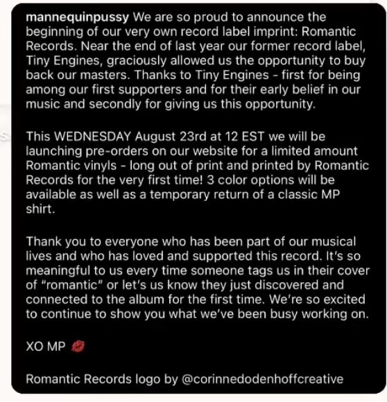 We are so proud to announce the beginning of our very own record label imprint: Romantic Records. This WEDNESDAY August 23rd at 12 EST, we will be launching pre-orders for a limited amount of Romantic vinyls - as printed by us! Thank you to everyone who loved this record. XOMP.